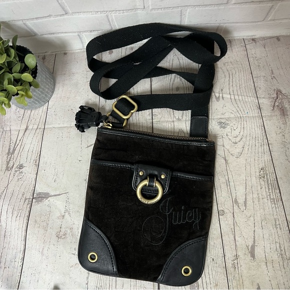 Juicy Couture Handbags - Vintage Juicy Couture Brown Velour Leather Crossbody Bag Purse Tassel Y2K